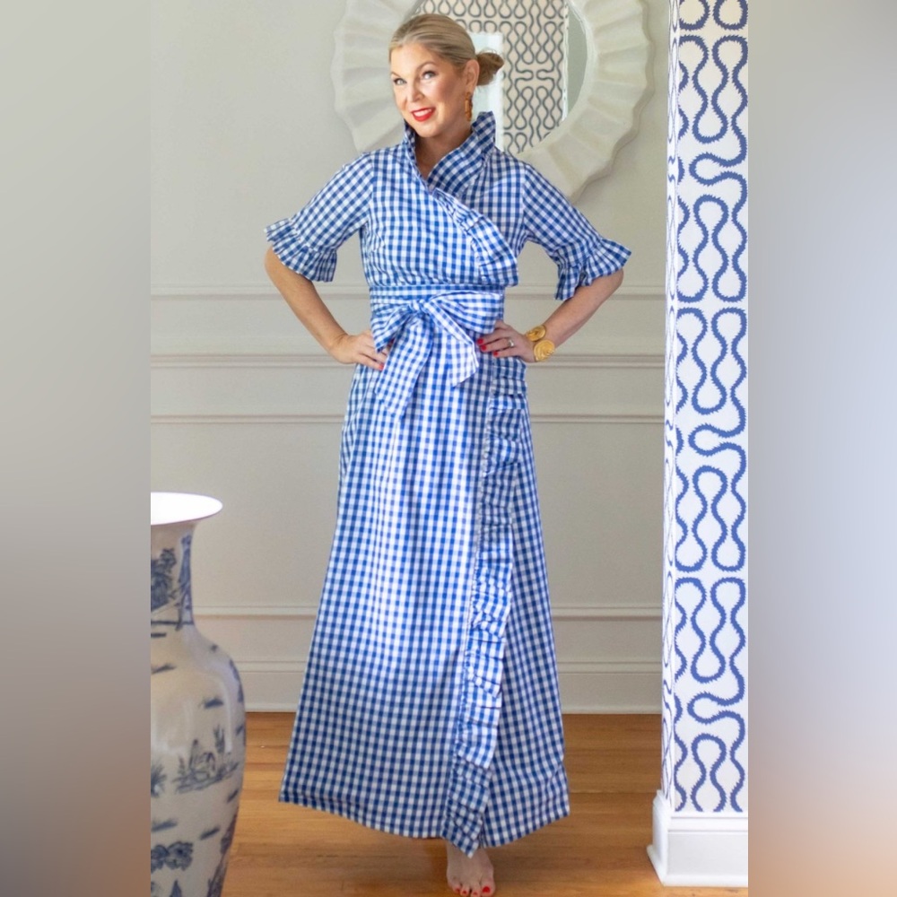 Elizabeth Wilson Blue and White Anne Claire Ruffle Dress - S